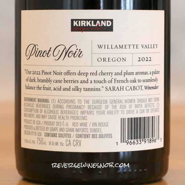 Kirkland Signature Willamette Valley Pinot Noir Back Label