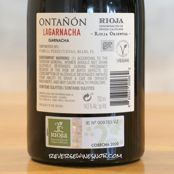 2020 Ontanon LaGarnacha Rioja Back Label
