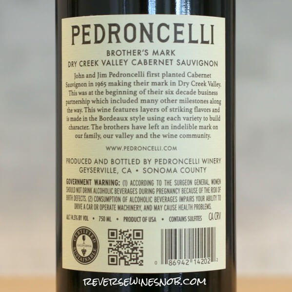 2022 Pedroncelli Brother's Mark Dry Creek Valley Cabernet Sauvignon Back Label
