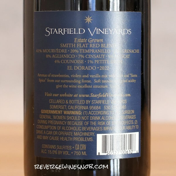 2022 Starfield Vineyards Flat Smith Red Blend Back Label