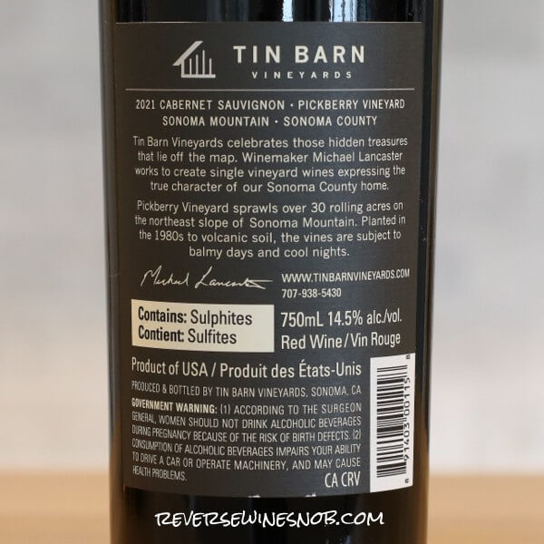 2021 Tin Barn Vineyards Pickberry Vineyard Cabernet Sauvignon Back Label