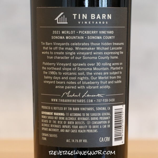 2021 Tin Barn Vineyards Pickberry Vineyard Merlot Back Label