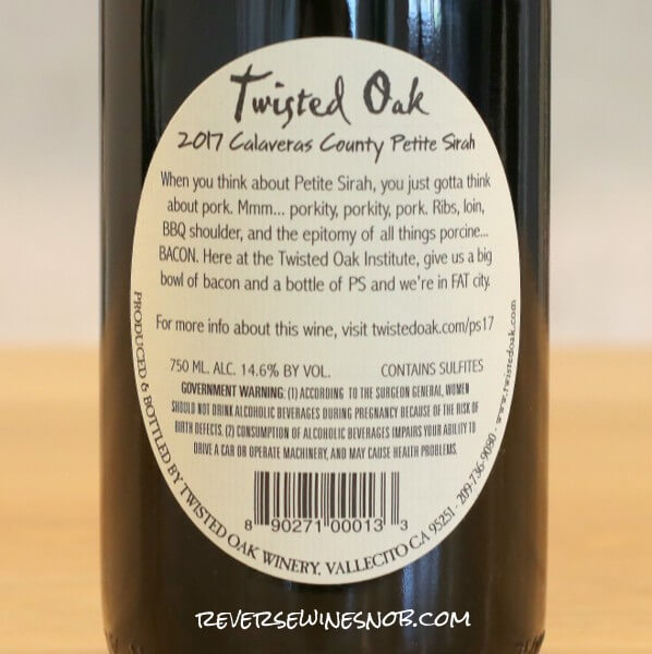 2017 Twisted Oak Petite Sirah Back Label