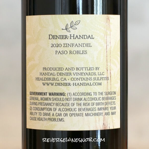 2020 Denier-Handal Paso Robles Zinfandel Back Label