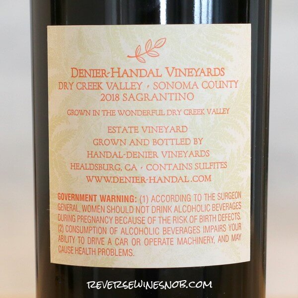 2018 Denier-Handal Sagrantino Back Label