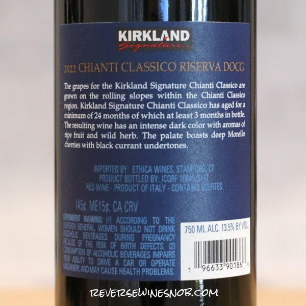 2022 Kirkland Signature Chianti Classico Riserva Back Label