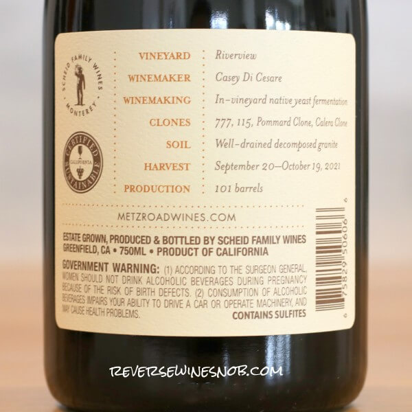 2021 Metz Road Riverview Vineyard Pinot Noir Back Label
