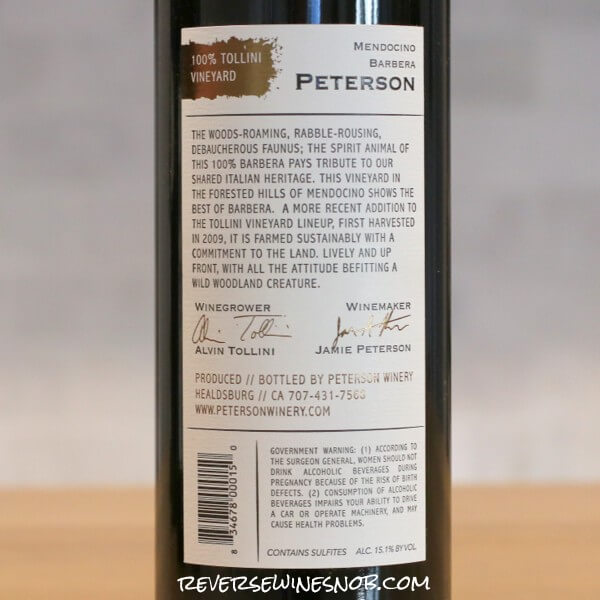 2021 Peterson Winery Tollini Vineyard Barbera Back Label