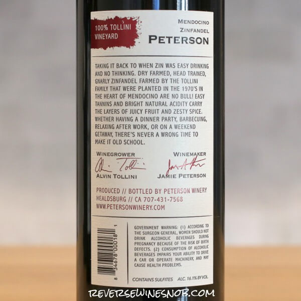 2019 Peterson Winery Tollini Vineyard Old School Zinfandel Back Label