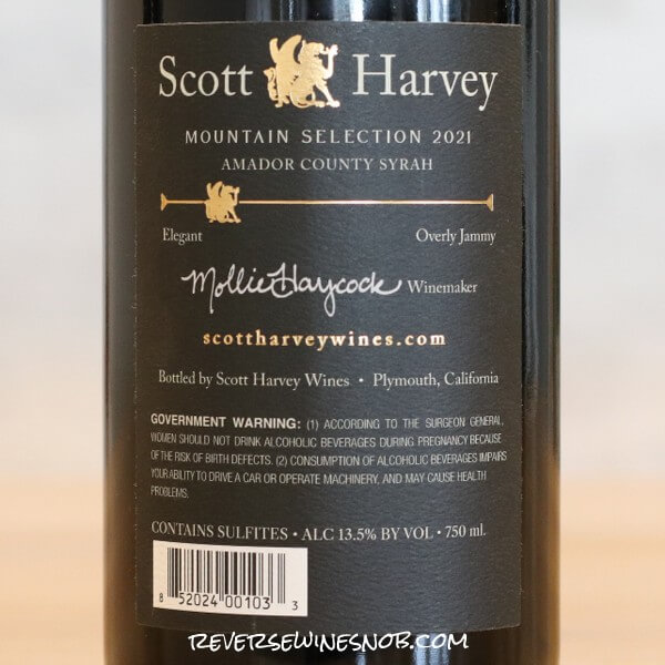 2021 Scott Harvey Mountain Selection Syrah Back Label