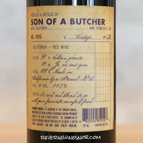 Y Rousseau 2022 Son of a Butcher Red Blend Back Label