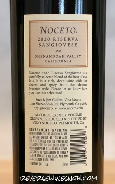 2020 Vino Noceto Riserva Sangiovese Back Label