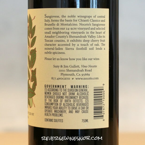 2020 Vino Noceto Sangiovese Back Label