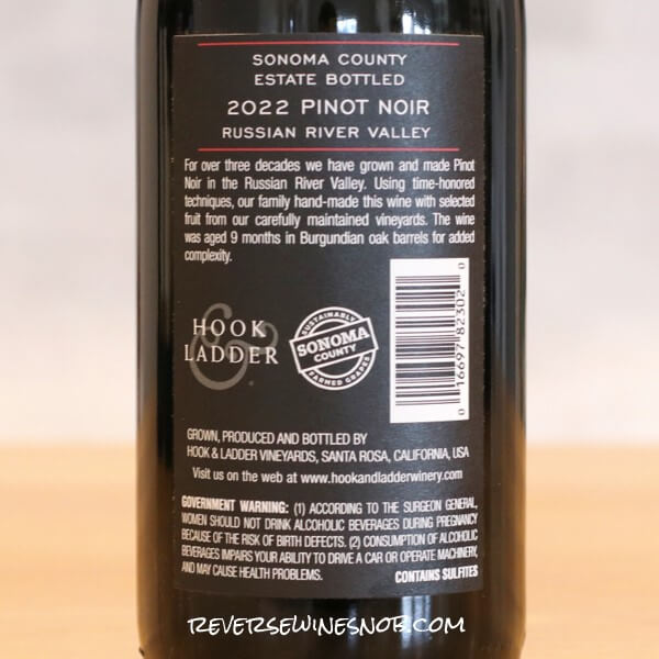 2022 Hook & Ladder Estate Russian River Valley Pinot Noir Back Label