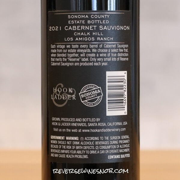 2021 Hook & Ladder Los Amigos Ranch Chalk Hill Cabernet Sauvignon Back Label