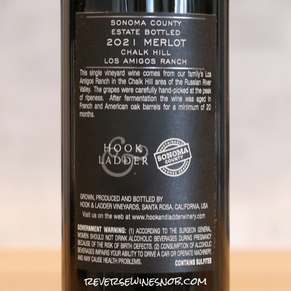 2021 Hook & Ladder Los Amigos Ranch Chalk Hill Merlot Back Label