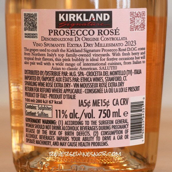 2023 Kirkland Signature Prosecco Rosé DOC Back Label