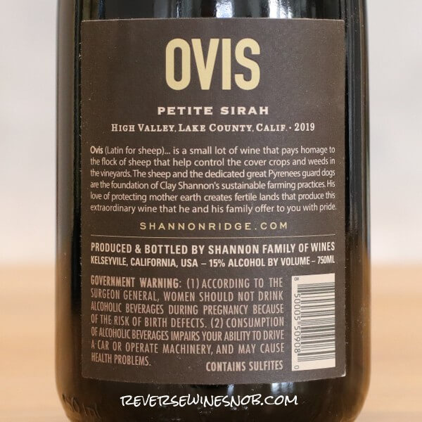 2019 Ovis Betsy's Vineyard Petite Sirah Back Label