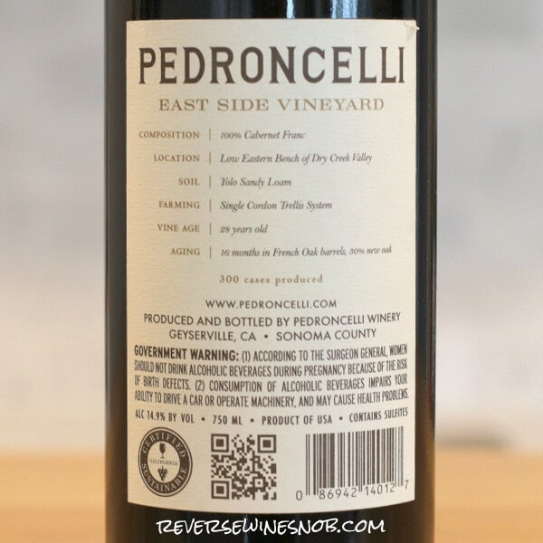 2021 Pedroncelli East Side Vineyard Cabernet Franc Back Label