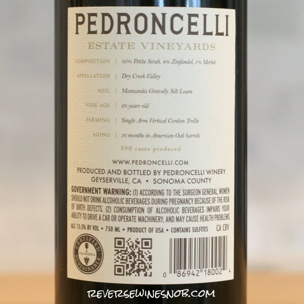 2022 Pedroncelli Estate Vineyards Petite Sirah Back Label