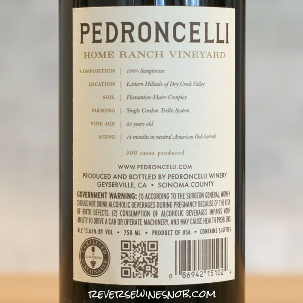 2021 Pedroncelli Home Ranch Vineyard Sangiovese Back Label Back Label