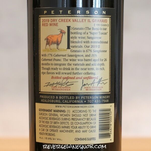 2019 Peterson Winery Il Granaio Dry Creek Valley Super Tuscan style Red Back Label