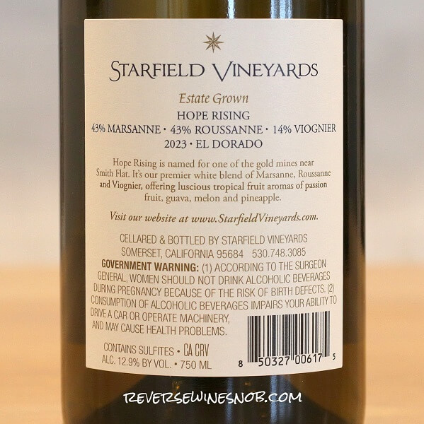 2023 Starfield Vineyards Hope Rising Back Label
