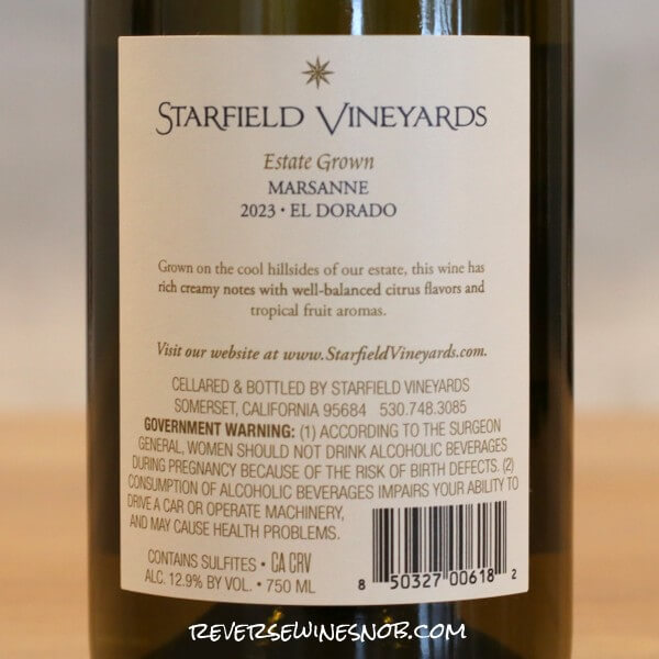 2023 Starfield Vineyards Estate Marsanne Back Label
