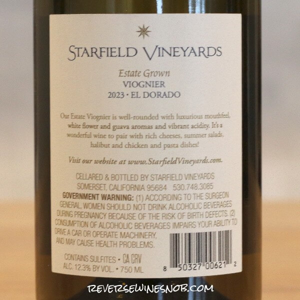 2023 Starfield Vineyards Estate Viognier Back Label