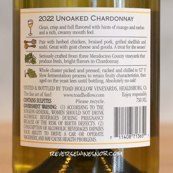 2022 Toad Hollow Francine's Selection Unoaked Chardonnay Back Label