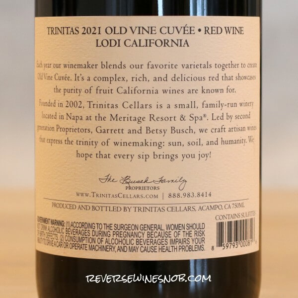 2021 Trinitas Old Vine Cuvee Back Label