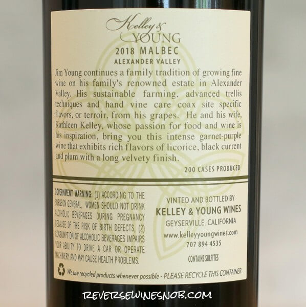 2018 Kelley & Young Malbec Back Label