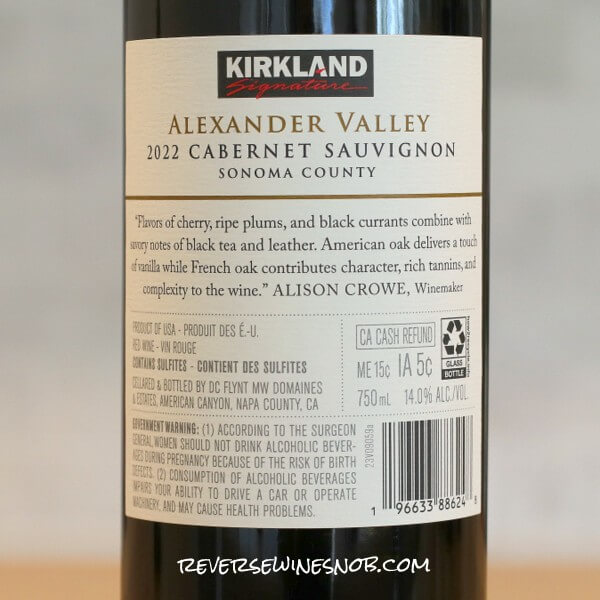 2022 Kirkland Signature Alexander Valley Cabernet Sauvignon Back Label