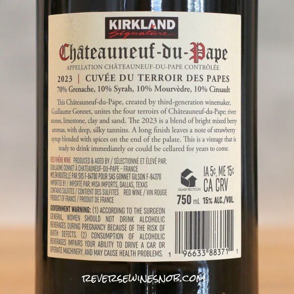 2023 Kirkland Signature Chateauneuf du Pape Back Label