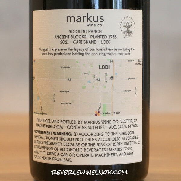 2021 Markus Ancient Blocks Nicolini Ranch Carignane Back Label