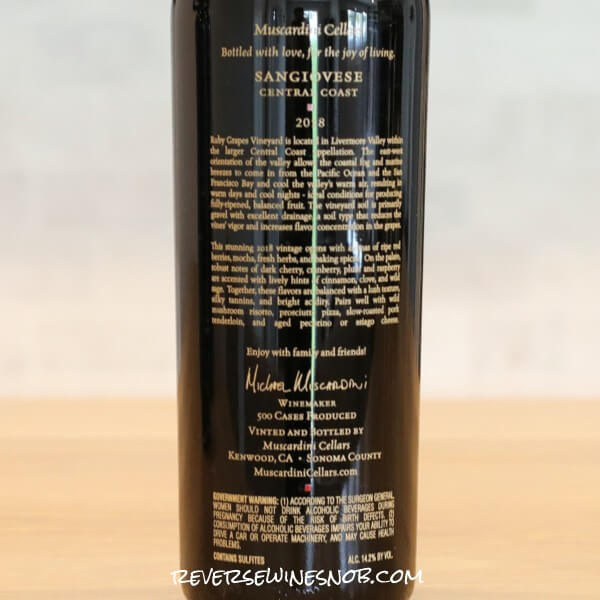 2018 Muscardini Ruby Grapes Vineyard Sangiovese Back Label