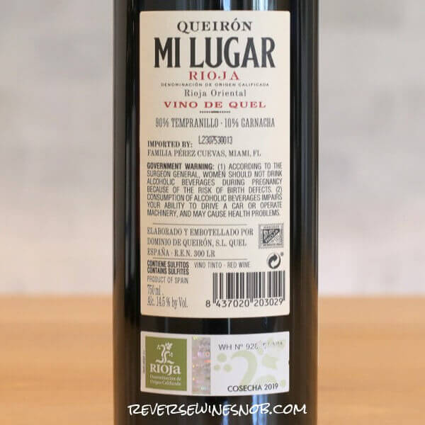 2019 Queiron Mi Lugar Vino De Quel Rioja Back Label