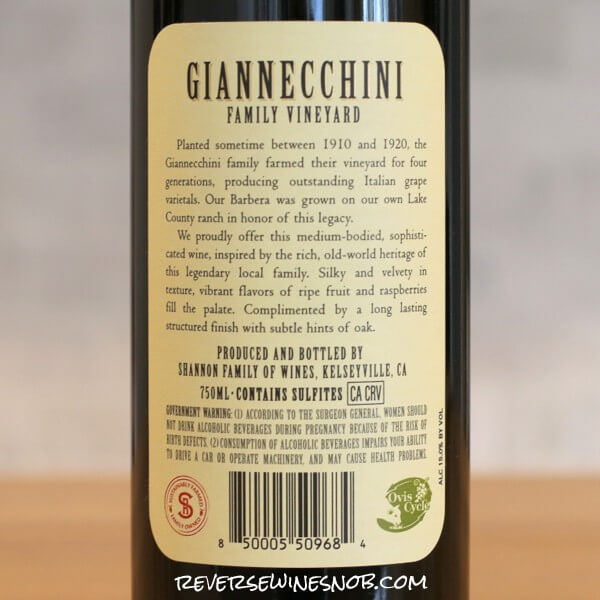 2021 Giannecchini Family Vineyard Lake County Barbera Back Label