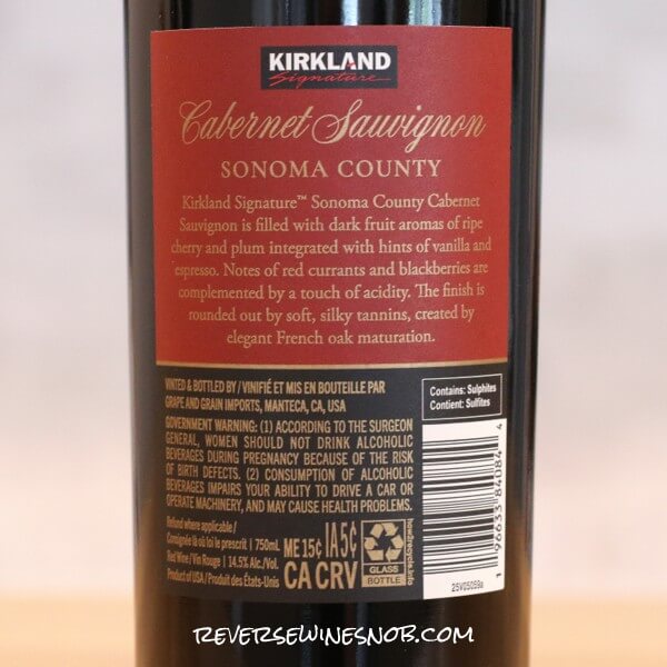 2023 Kirkland Signature Sonoma County Cabernet Sauvignon Back Label