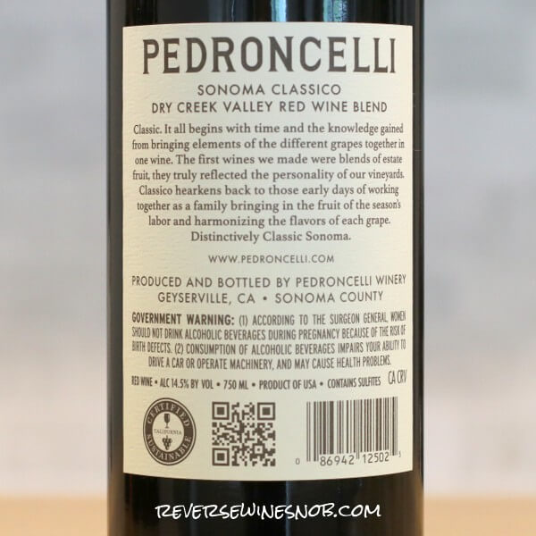 2022 Pedroncelli Sonoma Classico Back Label