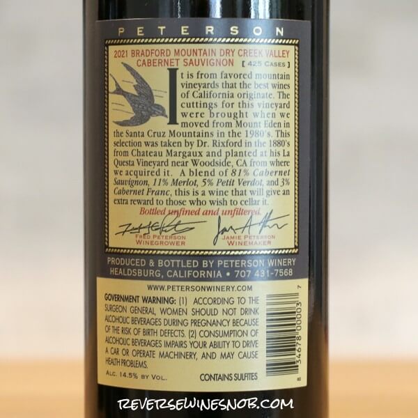 2021 Peterson Bradford Mountain Vineyard Cabernet Sauvignon Back Label