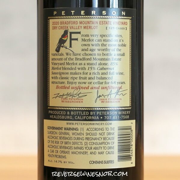 2020 Peterson Bradford Mountain Vineyard Merlot Back Label