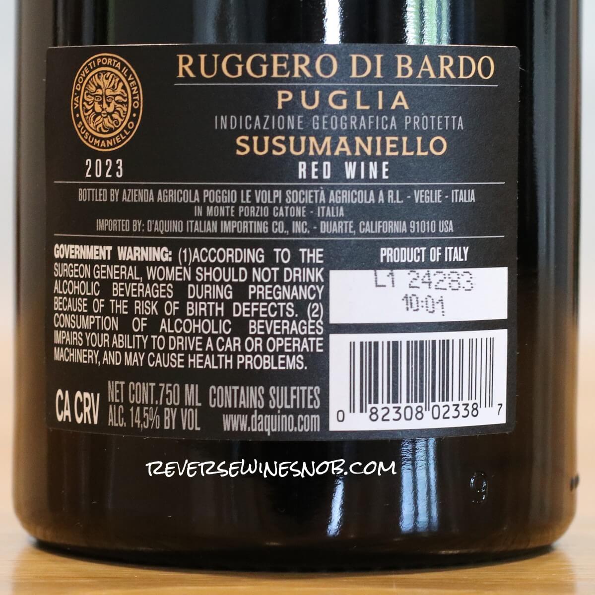 2023 Ruggero di Bardo Susumaniello Back Label