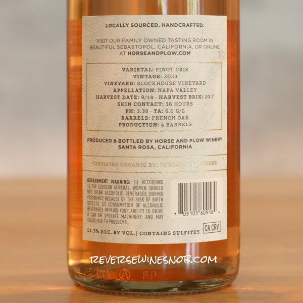 2023 The Gardener Napa Valley Pinot Gris Back Label
