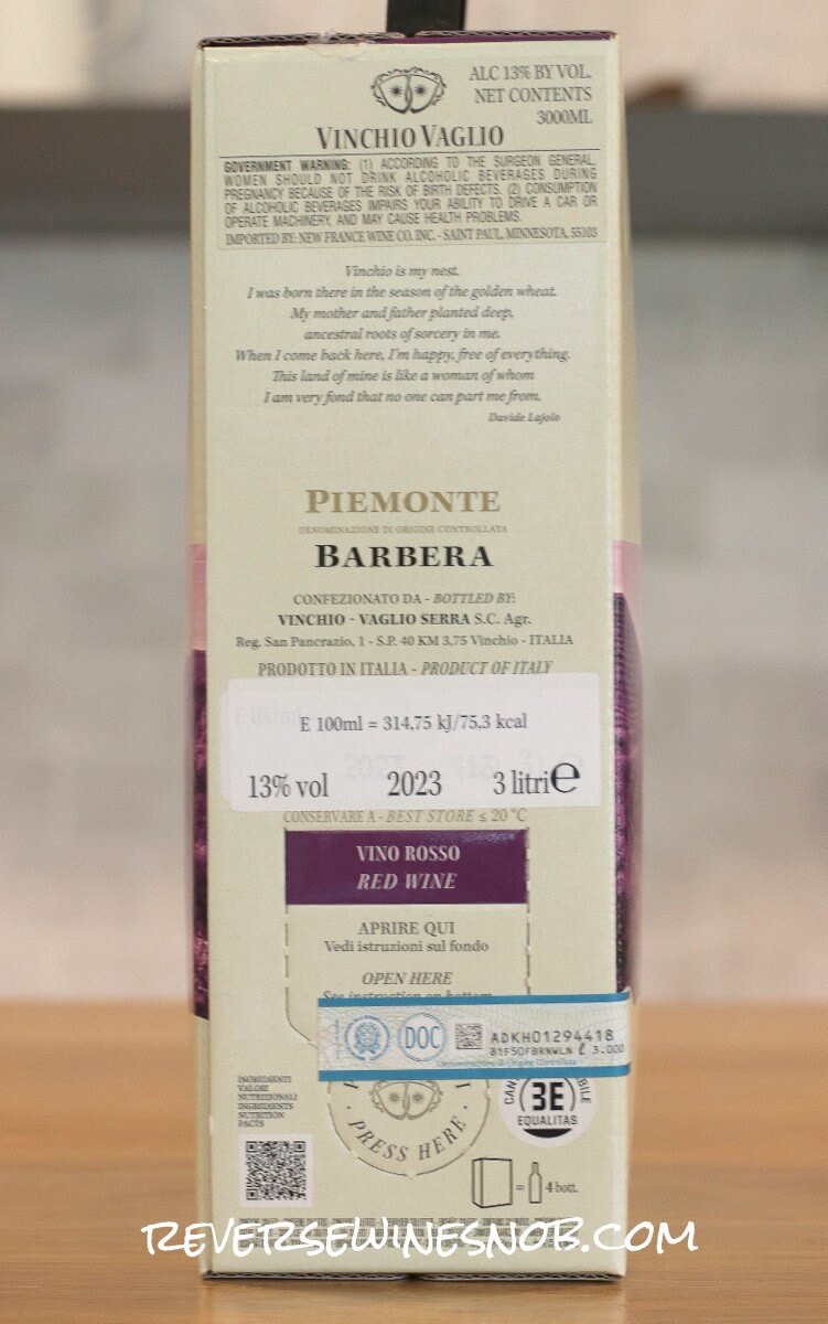 2023 Vinchio Vaglio Piemonte Barbera Le Tane Label