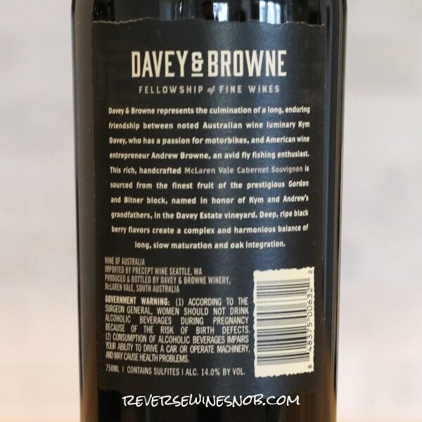 2018 Davey & Browne Gordon + Bitner Block Cabernet Sauvignon Back Label