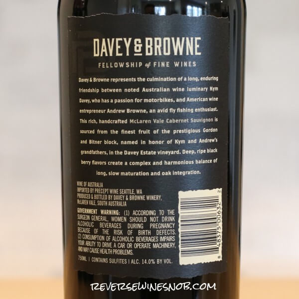 2019 Davey & Browne Gordon + Bitner Block Cabernet Sauvignon Back Label