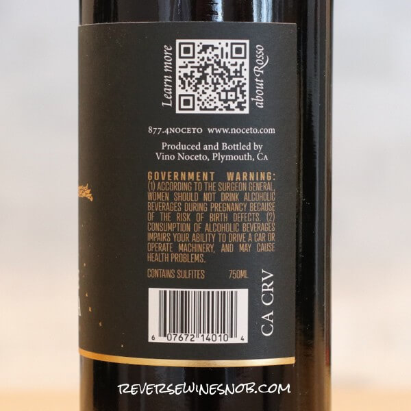 Vino Noceto Rosso Sangiovese di California Back Label