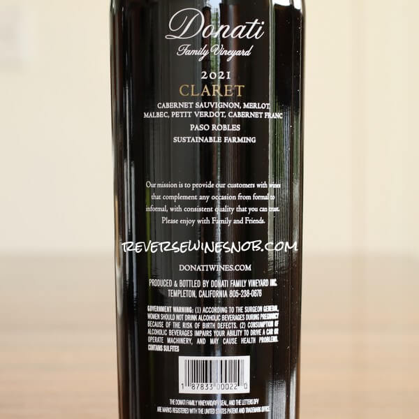 2021 Donati Family Vineyard Claret Back Label