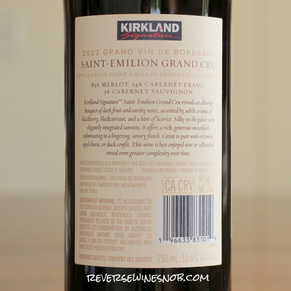 2022 Kirkland Signature St-Emilion Grand Cru Bordeaux Back Label